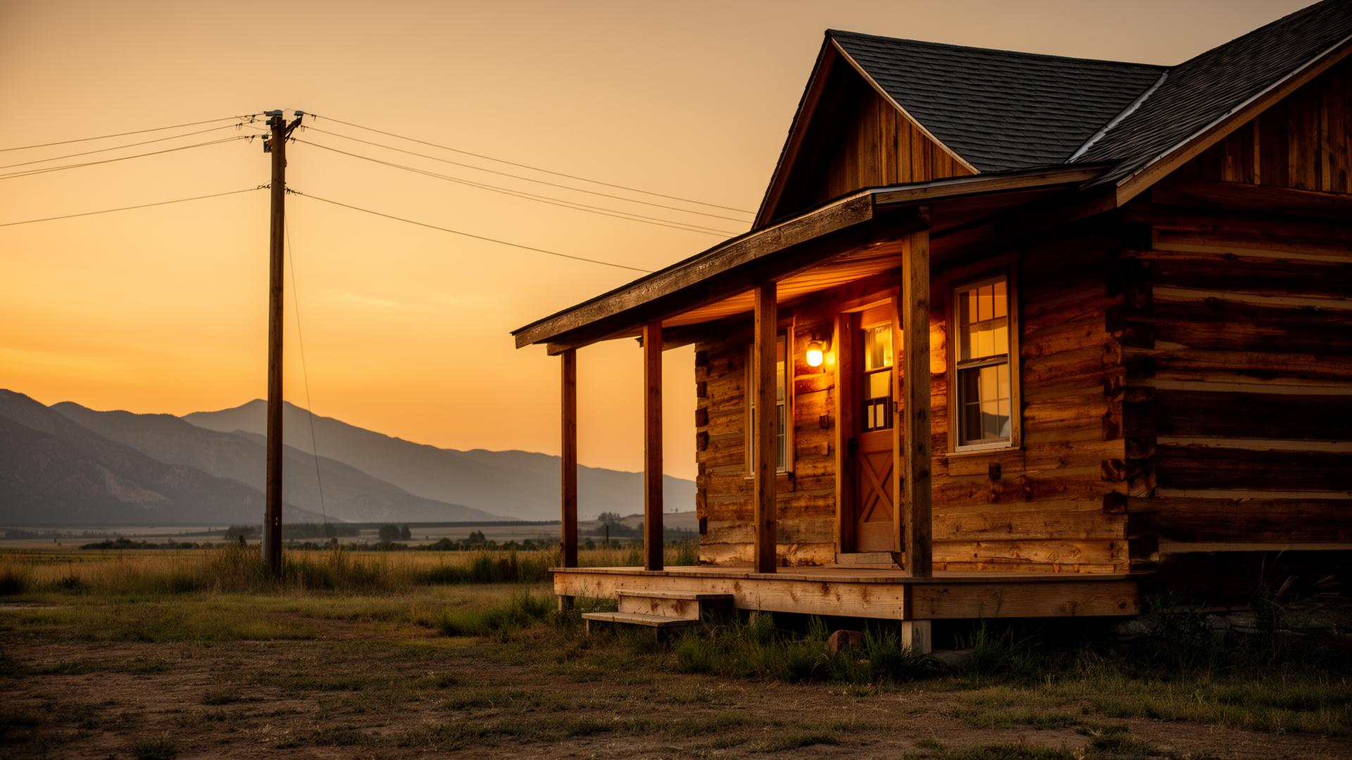 Rural Montana cabin at golden hour with porch light glowing